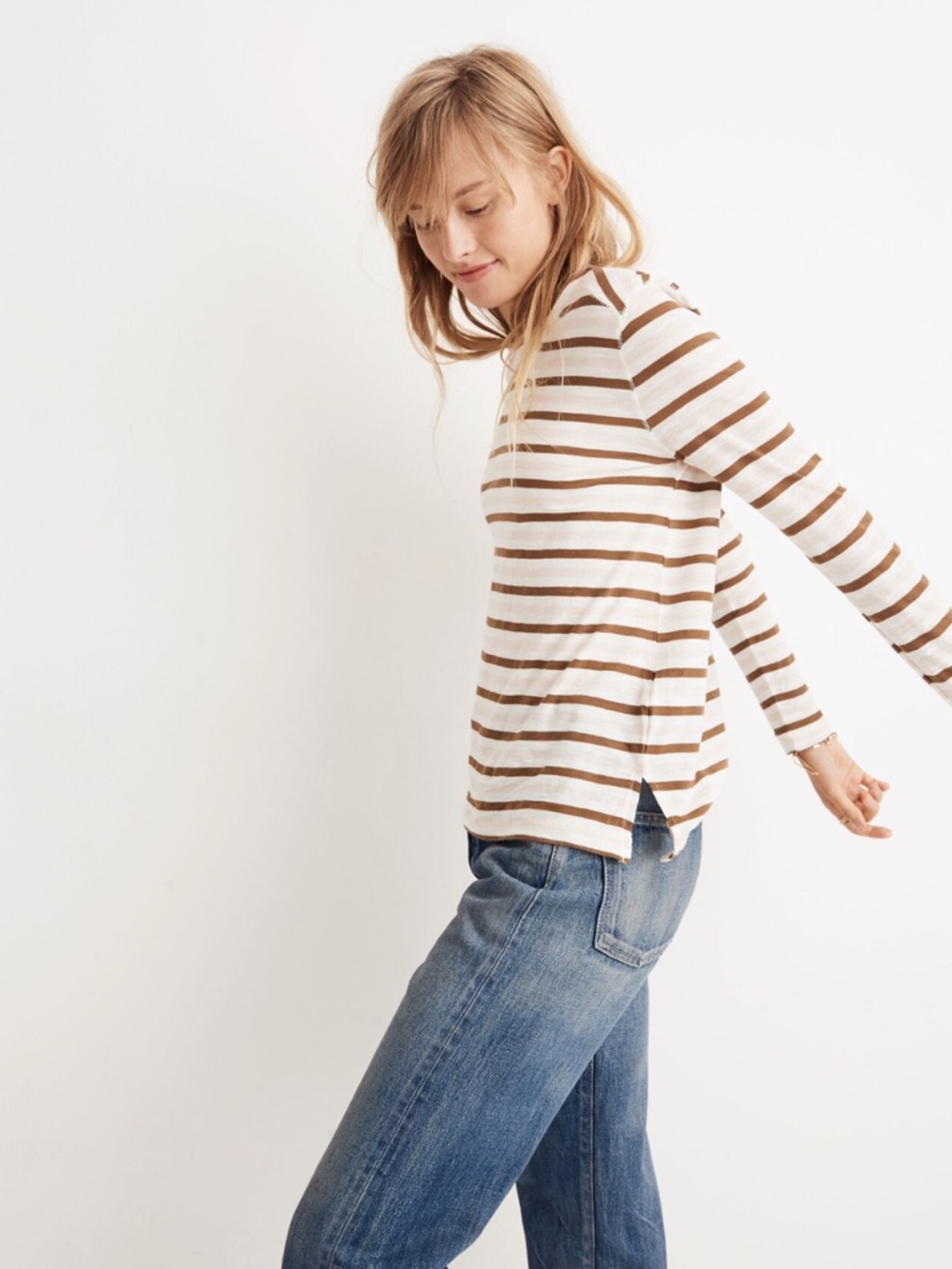 Madewell Women’s Cream Pink Brown Whisper Cotton Long-Sleeve Tee Size M NWT